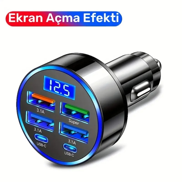 Araç Şarj Cihazı 6 Portlu 2pd + 4usb, Hızlı Şarj, Tip-c, Dijita