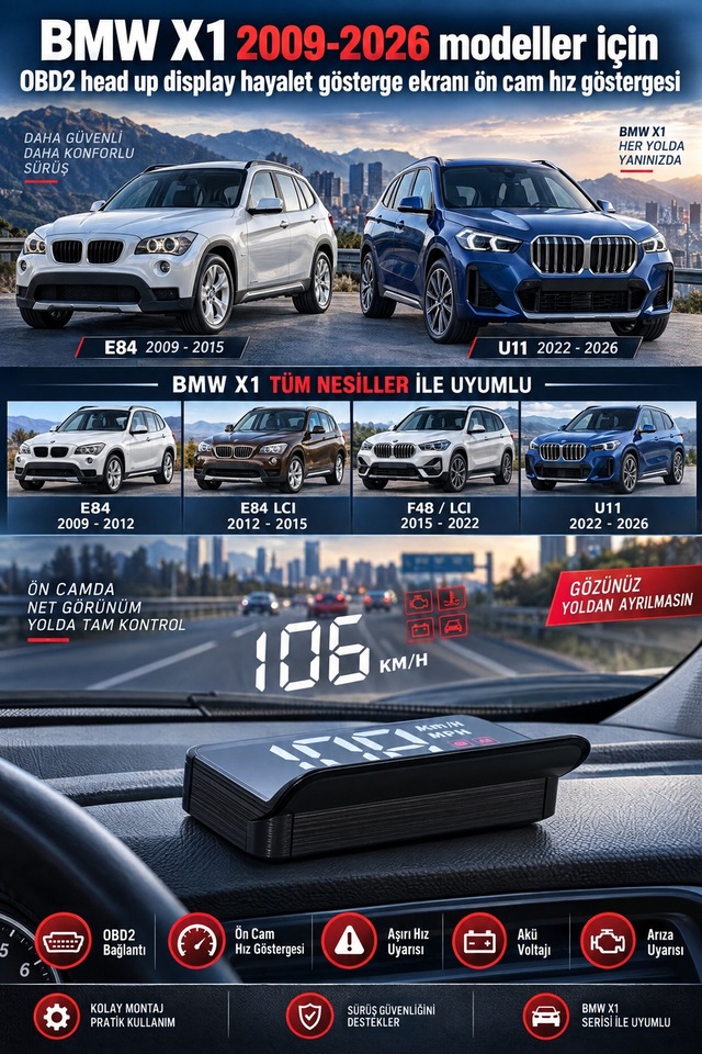 Bmw X1 2009-2026 Modeller İçin Obd2 Head Up Display Hayalet Gösterge Ekranı Ön Cam Hız Göstergesi