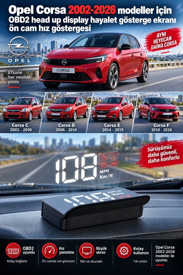 Opel Corsa 2002-2026 Modeller İçin Obd2 Head Up Display Hayalet Gösterge Ekranı Ön Cam Hız Göstergesi