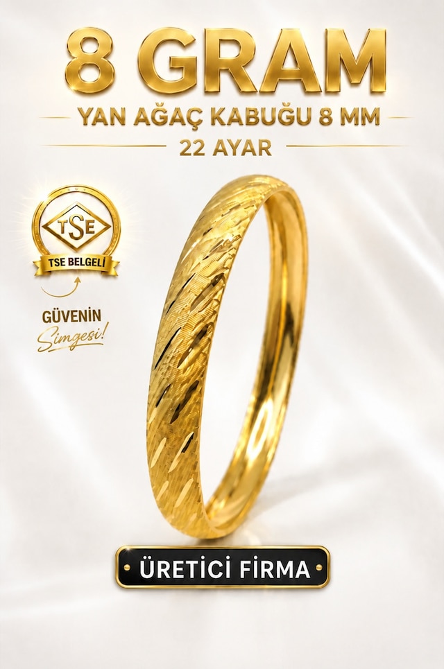 22 Ayar Tse Belgeli 8 Gram Yan Ağaç Kabuğu Ajda Bilezik 8 Mm Gold Altın Bilezik Düğün Nişan