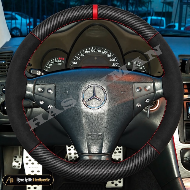 Mercedes C W203-s203-cl203 Dikme Direksiyon Kılıfı Alcantara Süet Mat Karbon Kırmızı Yüzük Ve Dikiş Lcı 3 Kollu-üçgenimsi 2004-2007