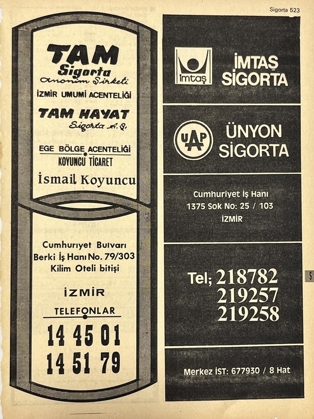 İzmir 1982-1983 Meslek Reklam İlanı Efemera S523 Teşhir Ürün