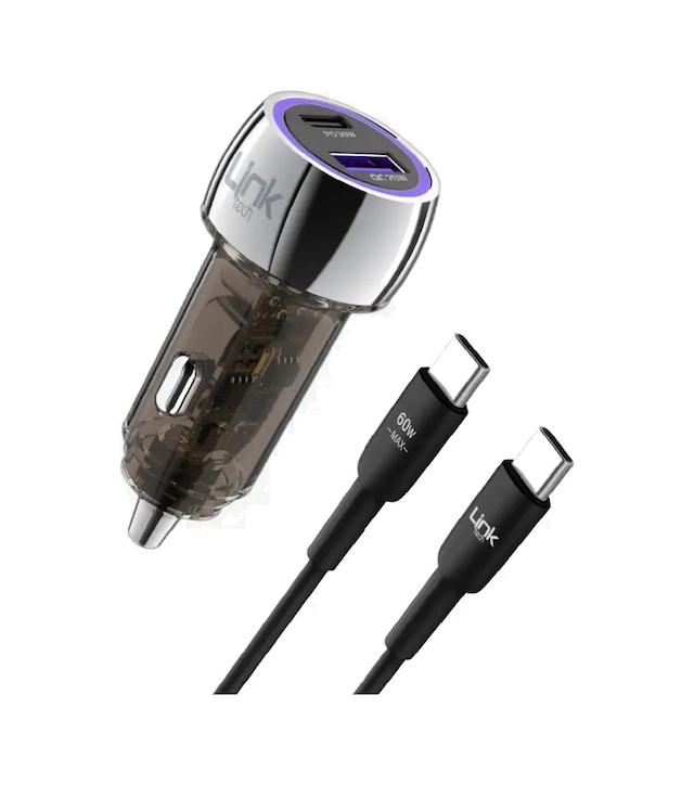 Linktech C437 55w Dual Pd30w + Qc25w Şeffaf Araç Şarj Aleti Type-c To Type-c Kablo Set -