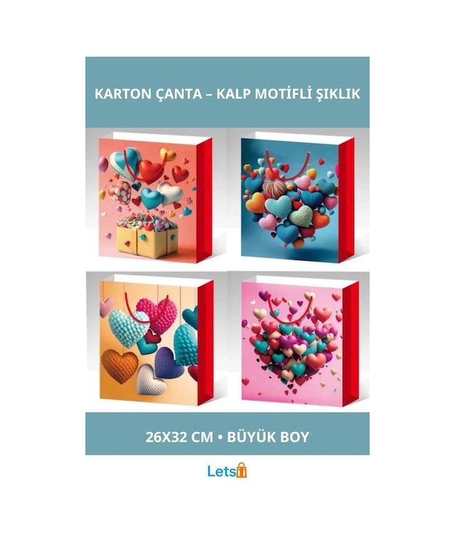 Büyük Boy Kalp Desenli Şık Karton Çanta