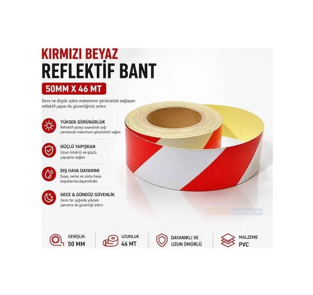 Kırmızı Beyaz Reflektif Bant 50mm X 46 Metre Reflektör Şerit Bant Kendinden Yapışkanlı Bant Marketim