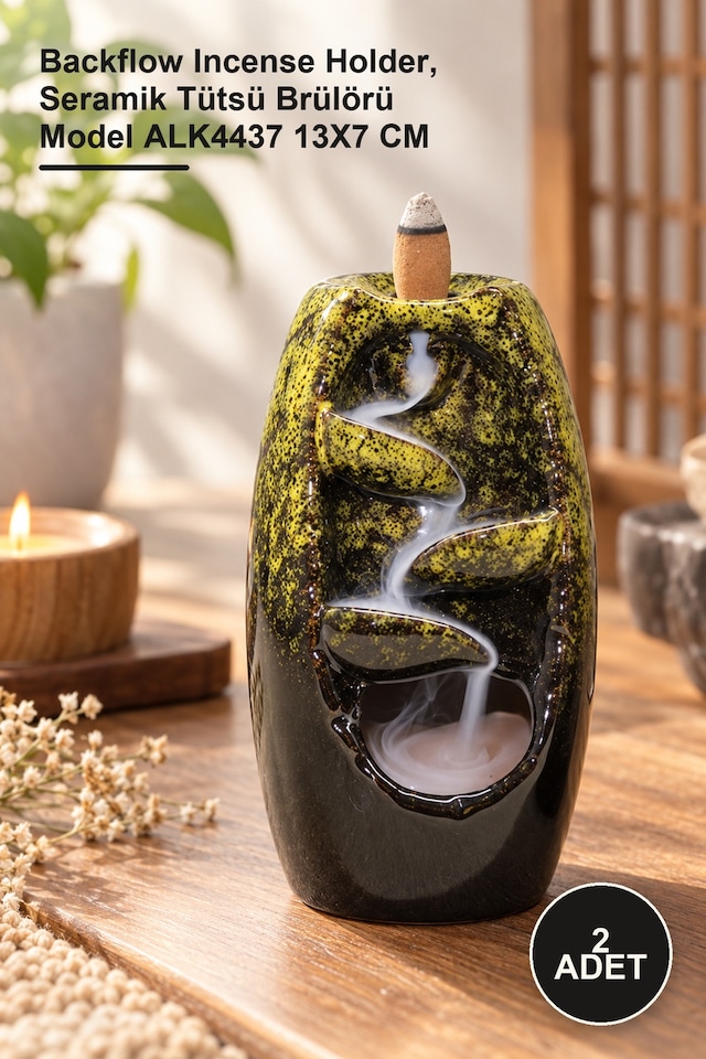 2 Adet Seramik Geri Akış Tütsülük Backflow Incense Holder, Seramik Tütsü Brülörü Model Alk4437 13x7 Cm