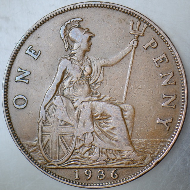 Birleşik Krallık 1 Penny 1936 Kral 5. George Dönemi. 31 Mm. İngiltere.