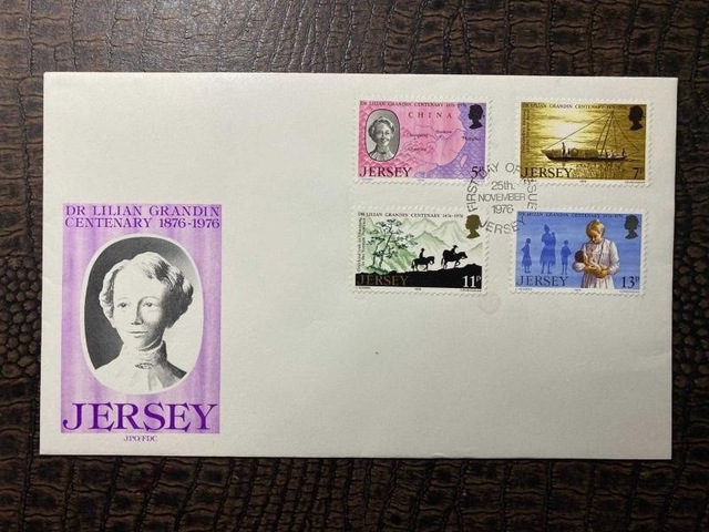 İngiliz Sömürge İngiltere İlk Gün Zarfı Ve Pulları Fdc Jersey'in İlk Kadın Doktoru Temalı Damgalı Tam Seri Jersey 1976, Dr Lilian Grandin'in Yıldönümü