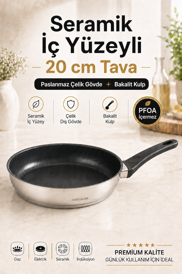 20 Cm Seramik Kaplamalı Paslanmaz Çelik Bakalit Kulplu İndüksiyon Uyumlu Tava Gümüş