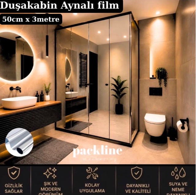 Packline Marketing Kendinden Yapışkanlı Çizilmez Aynalı Duşakabin Cam Filmi 50cm X 3metre