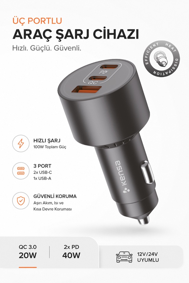 100w Araç Hızlı Şarj Aleti 2 Usb-c + Qc Usb Girişi Tüm Araçlar Uyumlu Şarj 100w Silver