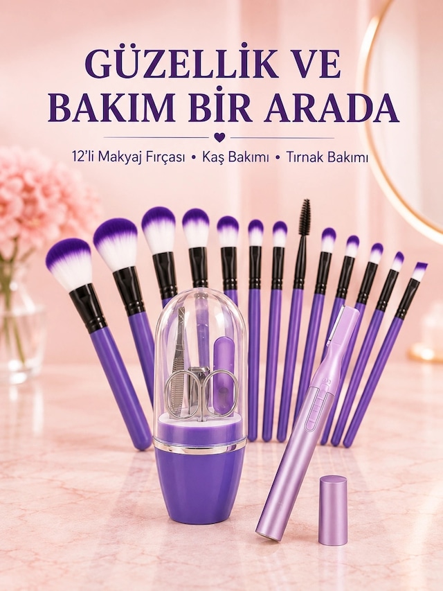Kadın Makyaj Ve Kişisel Bakım Seti 12 Li Mor Makyaj Fırçası Kaş Düzeltici Ve Manikür Tırnak Bakım Se