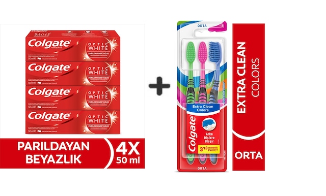Colgate Optic White Parıldayan Beyazlık 50 Ml X4 Adet + Extra Clean Colors Diş Fırçası 3lü Beyazlık