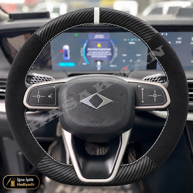Togg T10f Dikme Direksiyon Kılıfı Alcantara Süet Mat Karbon Beyaz Yüzük Ve Dikiş Standart-long Range-fastback-c-sedan 2025-2026