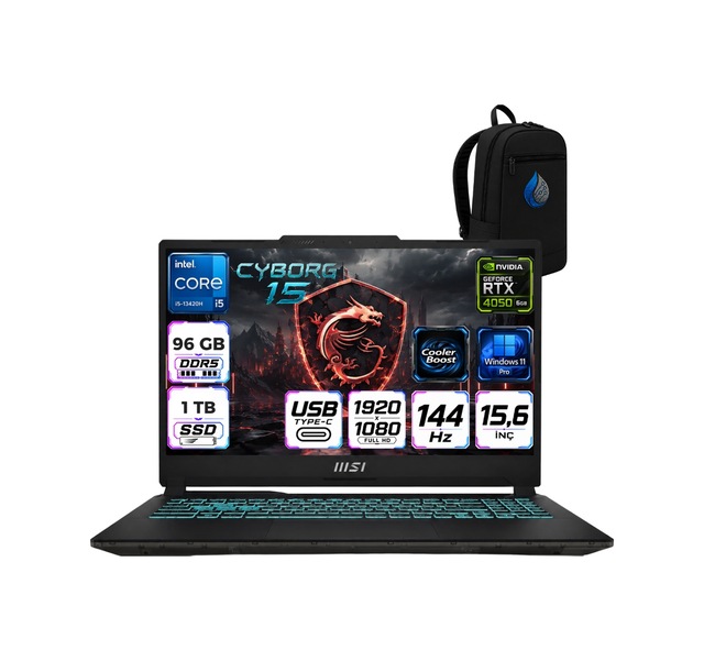MSI Cyborg 15 A13VE-1252XTRRNP30 Core i5-13420H 96 GB 1 TB SSD 6 GB RTX4050 15.6″ FHD W11P Dizüstü Bilgisayar + Çanta