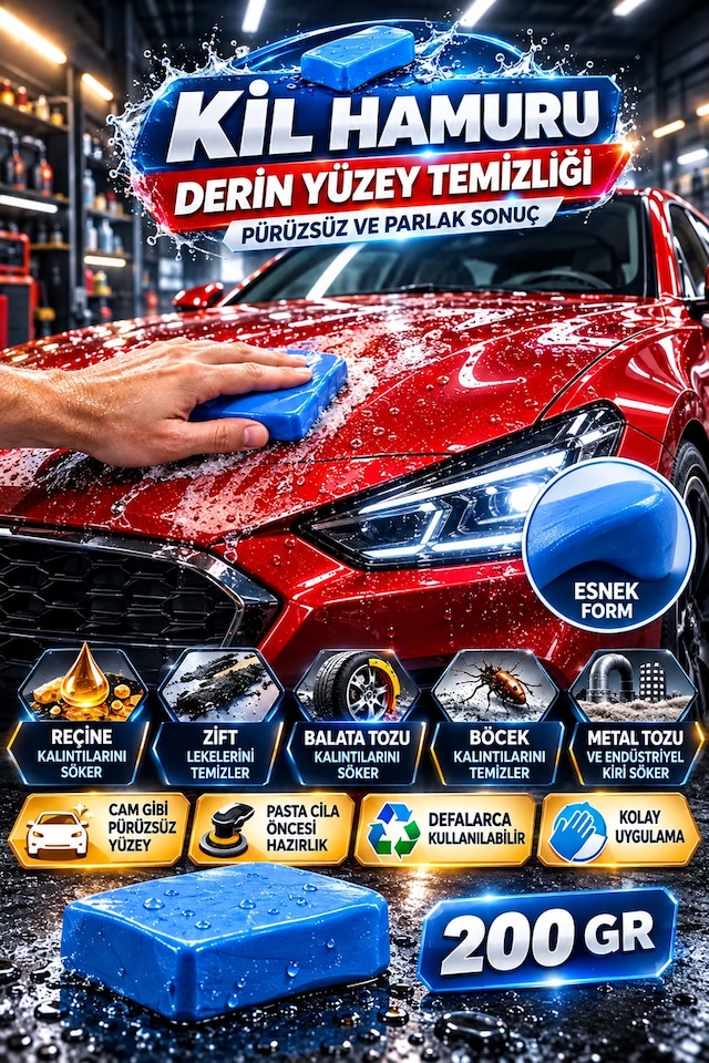 200 Gr Oto Kil Hamuru Mavi Kaporta Temizleme Kili Araç Boya Yüzeyi Zift Reçine Pasta Cila Öncesi Bkm
