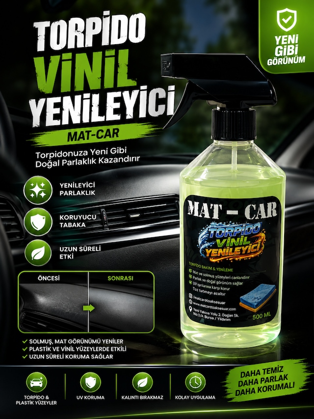 Mat-car Torpido, Trim Ve Vinil Yenileyici 500 Ml - Plastik Koruyucu Ve Parlatıcı İç Bakım Ürünüuzun Süre Kalıcı Koruma Neon Yeşil