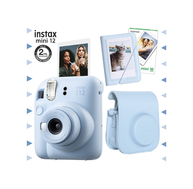 Fujifilm Instax Mini 12 Fotoğraf Makinesi + 10'lu Film + Mini Albüm + Deri Kılıf Seti Mavi