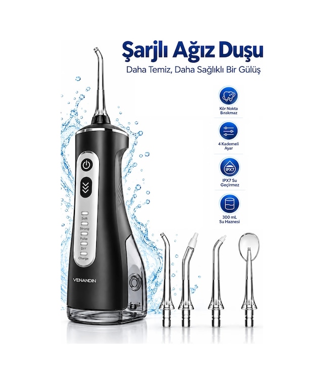 Exenar - Siyah - Şarjlı Ağız Duşu Diş Banyosu Cihazı Diş Arası Su Püskürtmeli Diş Teli İmplant Temizleme Aleti Ipx7