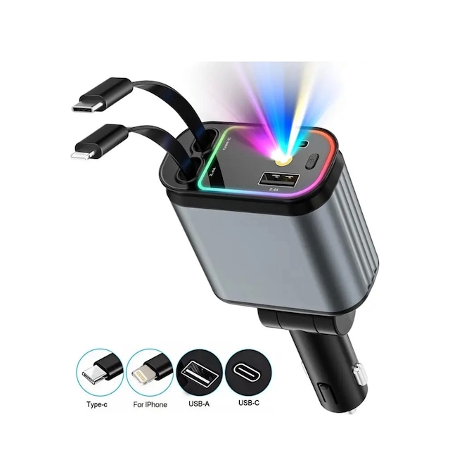 Acl Acc-01 Rgb Işıklı 66w Araç Şarj Cihazı 4in1 Geri Çekilebilir Kablo Type-c + Lightning Yıld