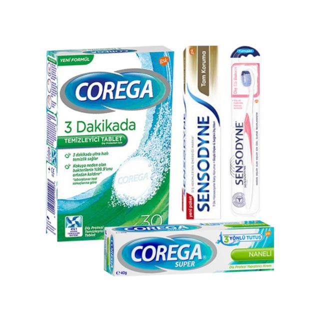 Protez Temizleyici Tablet 30 Naneli Krem Sensodyne Tam Koruma Diş Macunu 50ml Diş Fırça Soft