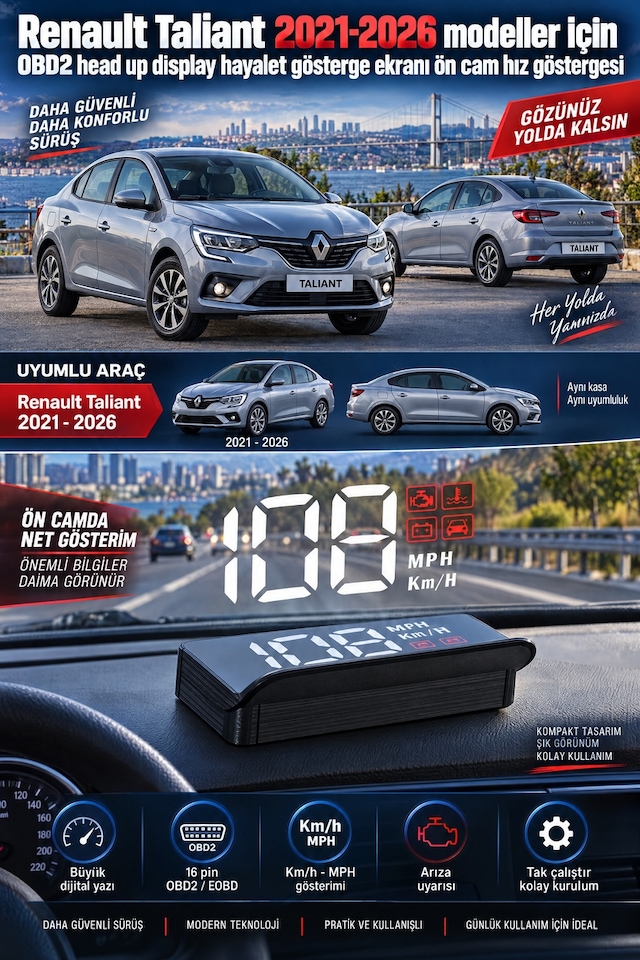 Renault Taliant 2021-2026 Modeller İçin Obd2 Head Up Display Hayalet Gösterge Ekranı Ön Cam Hız Göstergesi