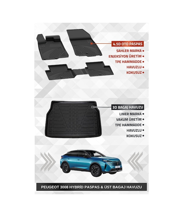 Sahler Peugeot 3008 2024+ Uyumlu 4.5d Premium Havuzlu Oto Paspas Ve Liner Marka 3d Üst Bagaj Havuzu