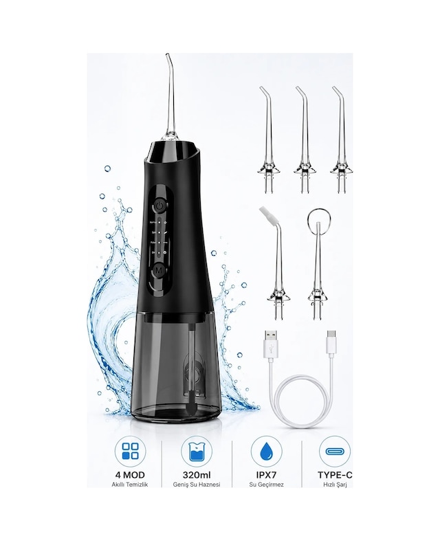 Robeve Auhma Amf11 Şarjlı Ağız Duşu 320ml Su Hazneli 4 Modlu Ipx7 Su Geçirmez Type-c Hızlı Şarjlı 5 Başlıklı Profesyonel Ağız Ve Diş Temizleme Cihazı Siyah