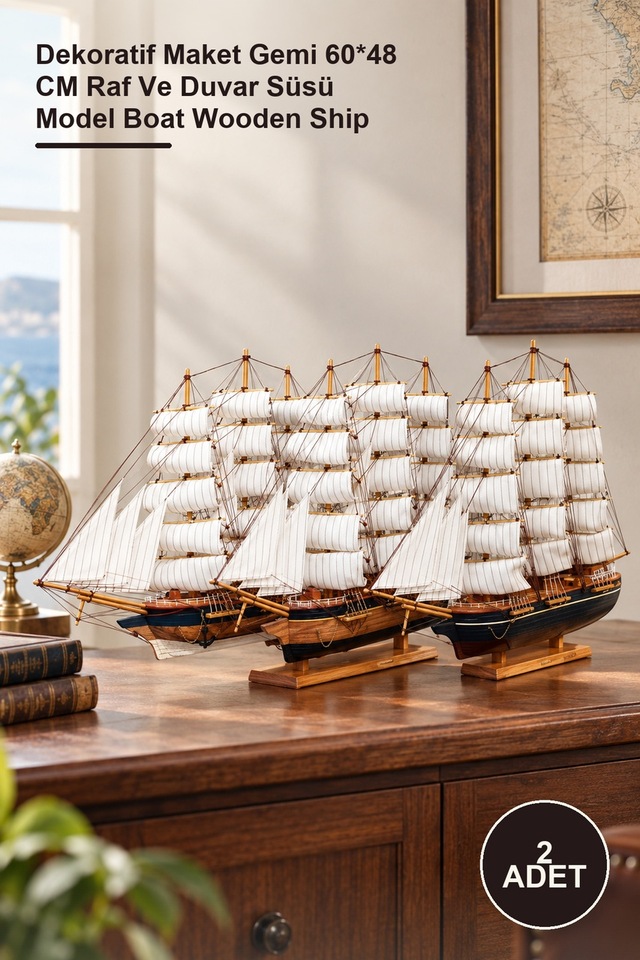 2 Adet Ahşap Gemi Dekoratif Maket Gemi 60 48 Cm Raf Ve Duvar Süsü Model Boat Wooden Ship