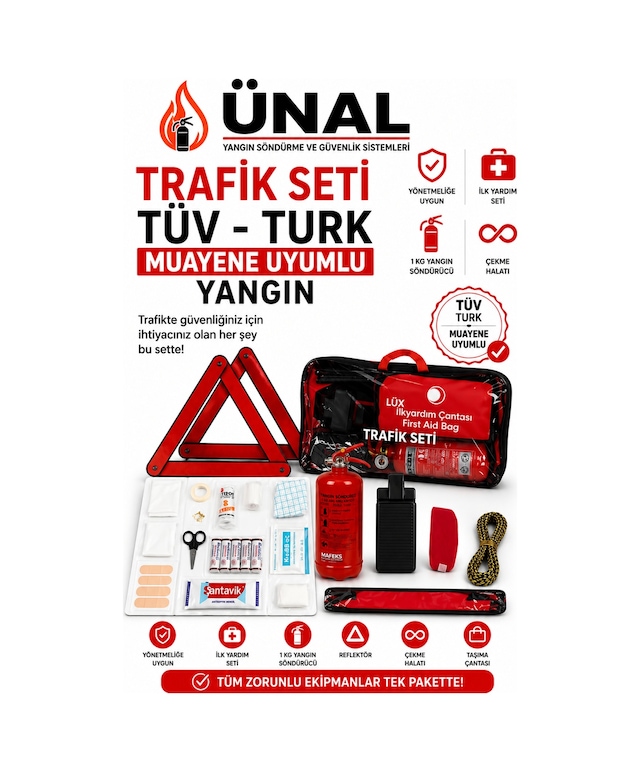 Tüvtürk Muayene Uyumlu Trafik Seti 1 Kg Yangın Tüpü + İlk Yardım Çantası + Reflektör +