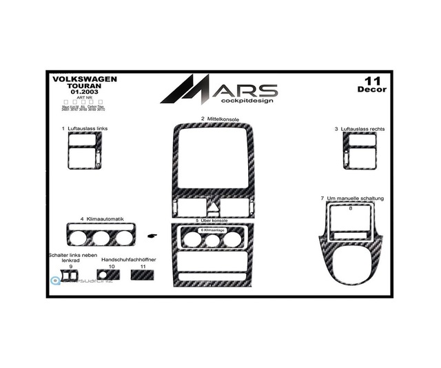 Volkswagen Touran Torpido Kaplama 2003-2009 11 Parça Karbon