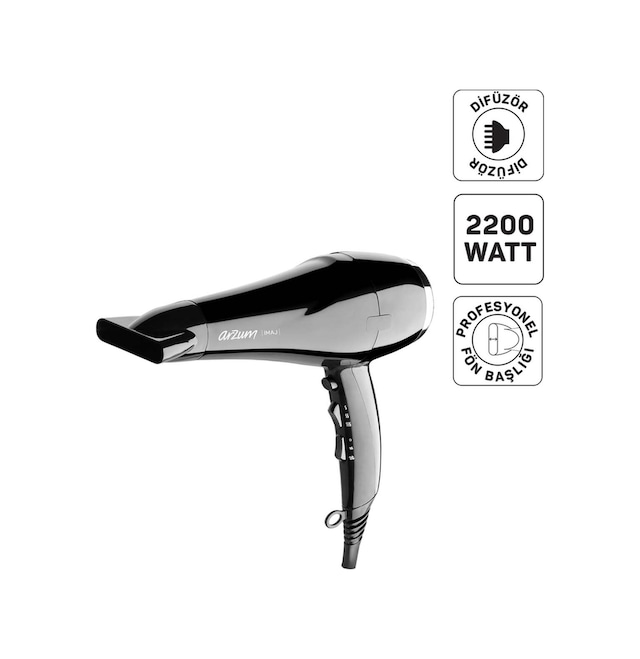 Arzum AR5011 İmaj Saç Kurutma Makinesi, 2 Hız 3 Isı Ayarlı, Difüzör Başlıklı, 2200W, Siyah