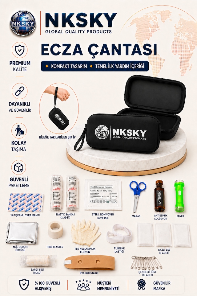 Nksky 36 Parça İlk Yardım Çantası, Siyah Eva Çantalı İlk Yardım Seti, Bileğe Takılabilir Taşıma İpli Ecza Çantası