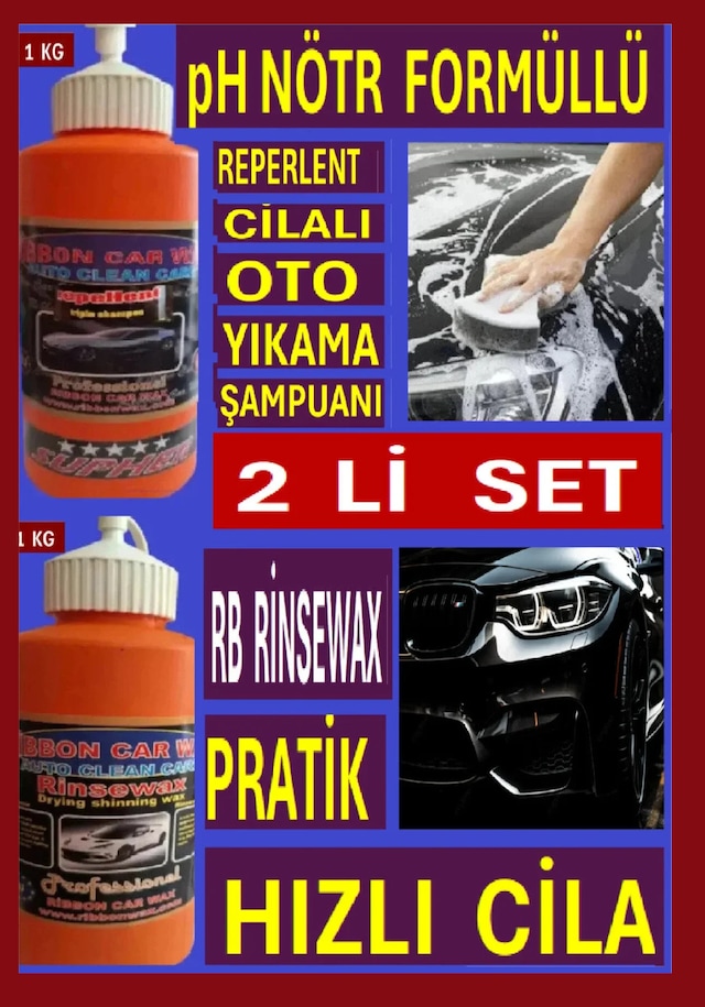 Ph Nötr Formüllü Cilalı Oto Şampuan + Pratik Hızlı Cila Su- Yağmur Kaydırıcı 1 Kg 2 Li Set