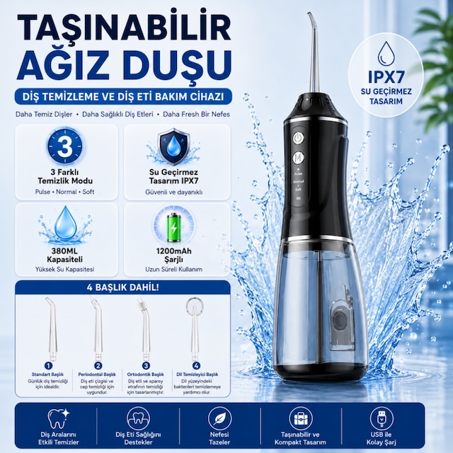 Coofbe Şarjlı Ağız Duşu Oral İrrigatör, 380 Ml, Ipx7 Su Geçirmez, 3 Temizleme Modu, 4 Başlıklı Taşınabilir Diş Temizleme Cihazı