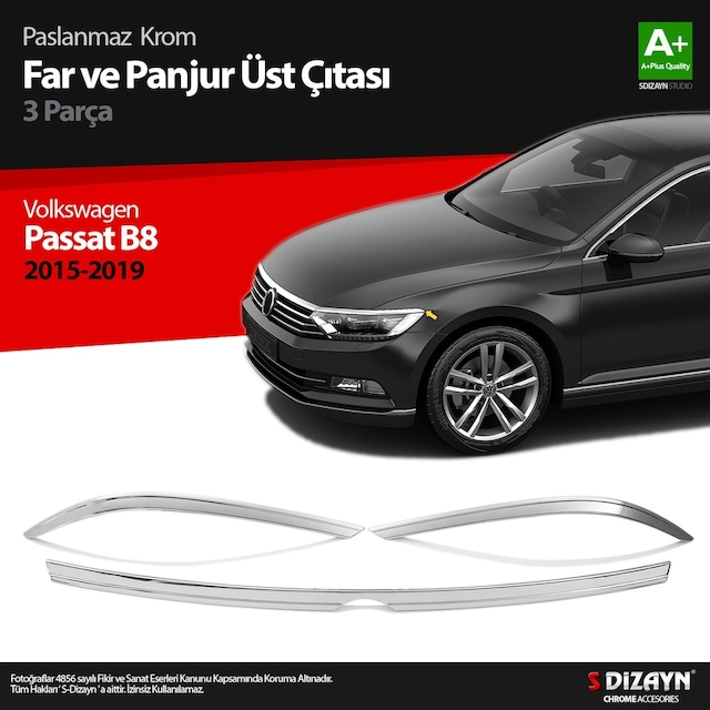 S-Dizayn Vw Passat B8 Krom Far Üzeri Çıta Seti 3 Parça 2015 Üzeri