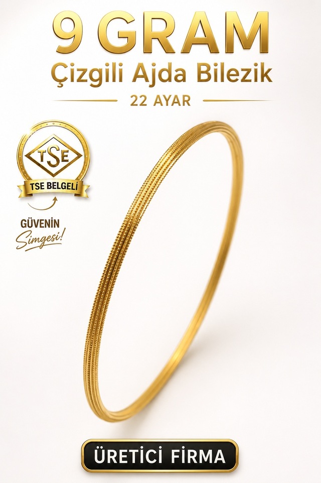 22 Ayar Tse Belgeli 9 Gram Çizgili Ajda Altın Bilezik İşçiliksiz