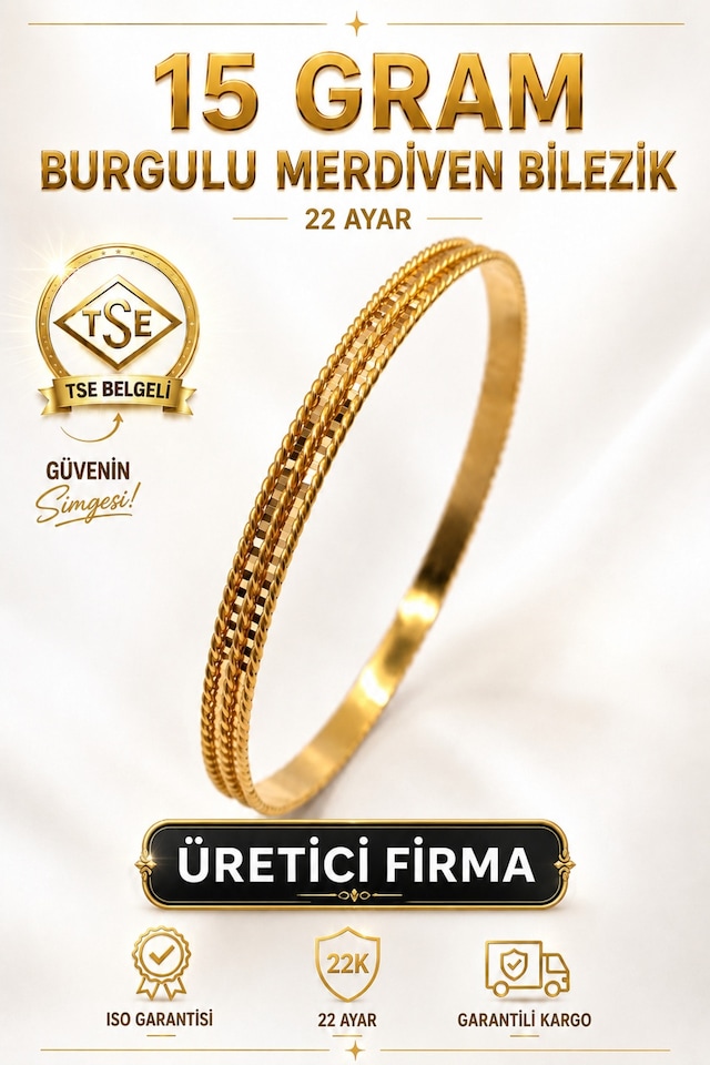 22 Ayar Tse Belgeli 15 Gram Burgulu Merdiven Ajda Altın Bilezik Gold Bilezik Düğün Nişan