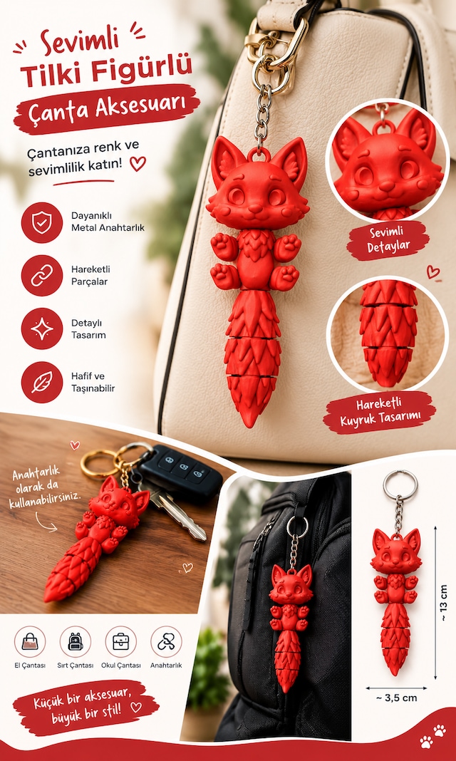 3d Baskı Sevimli Tilki Kedi Figürlü Çanta Aksesuarı Anahtarlık Hareketli Kuyruk Kırmızı