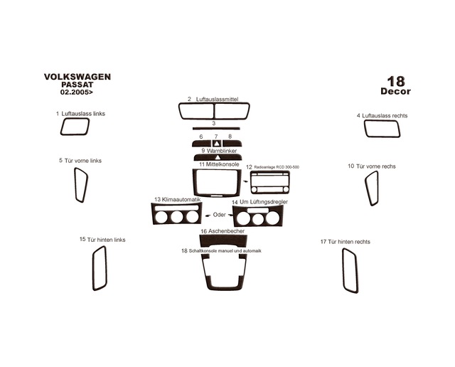 Volkswagen Passat Uyumlu Torpido Kaplama 2005-2010 18 Parça Koyu Meşe