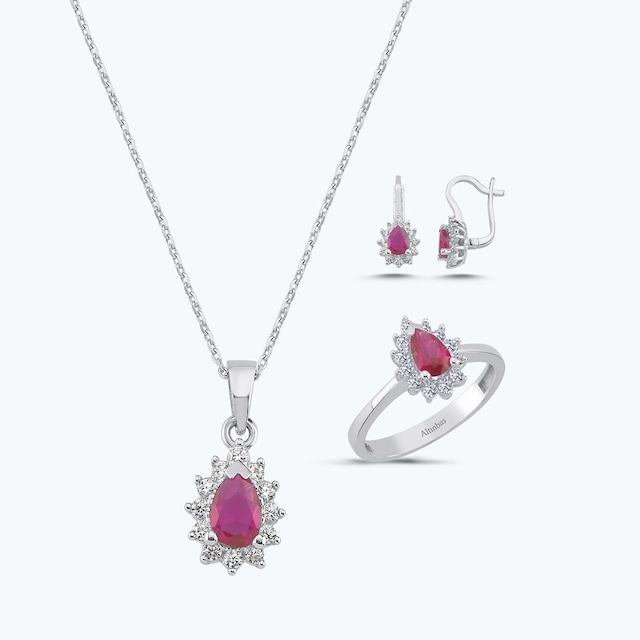 Altınbaş Kırmızı Taşlı Altın Üçlü Damla Set Autk0017-b-24627-k-set