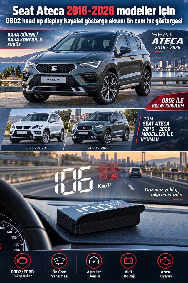 Seat Ateca 2016-2026 Modeller İçin Obd2 Head Up Display Hayalet Gösterge Ekranı Ön Cam Hız Göstergesi