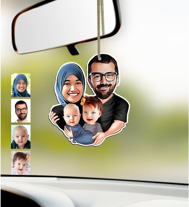 Kişiye Özel Aile Karikatürlü Ahşap Araba Dikiz Ayna Süsü-4