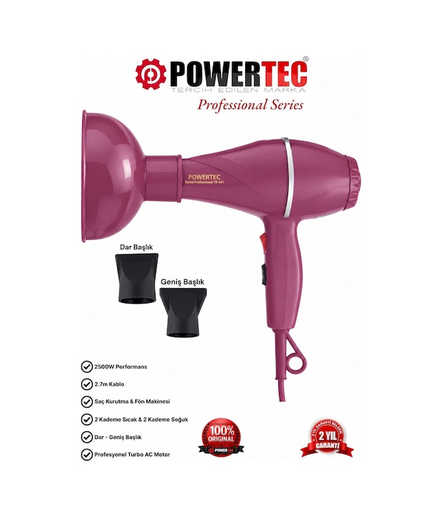 Powertec TR-501+Renkli Hacimlendirici Difüzör Başlıklı Profesyonel Saç Kurutma ve Fön Makinesi