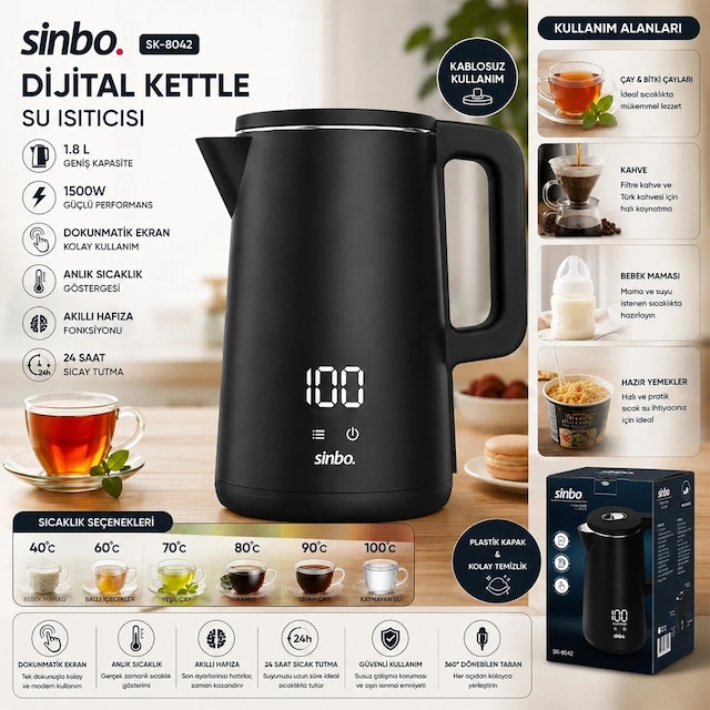 Ers 1.8l 1500w Plastik Kapak - Dokunmatik Ekran Dijital Kettle Su Isıtıcısı Kablosuz Kullanım Sk-8042