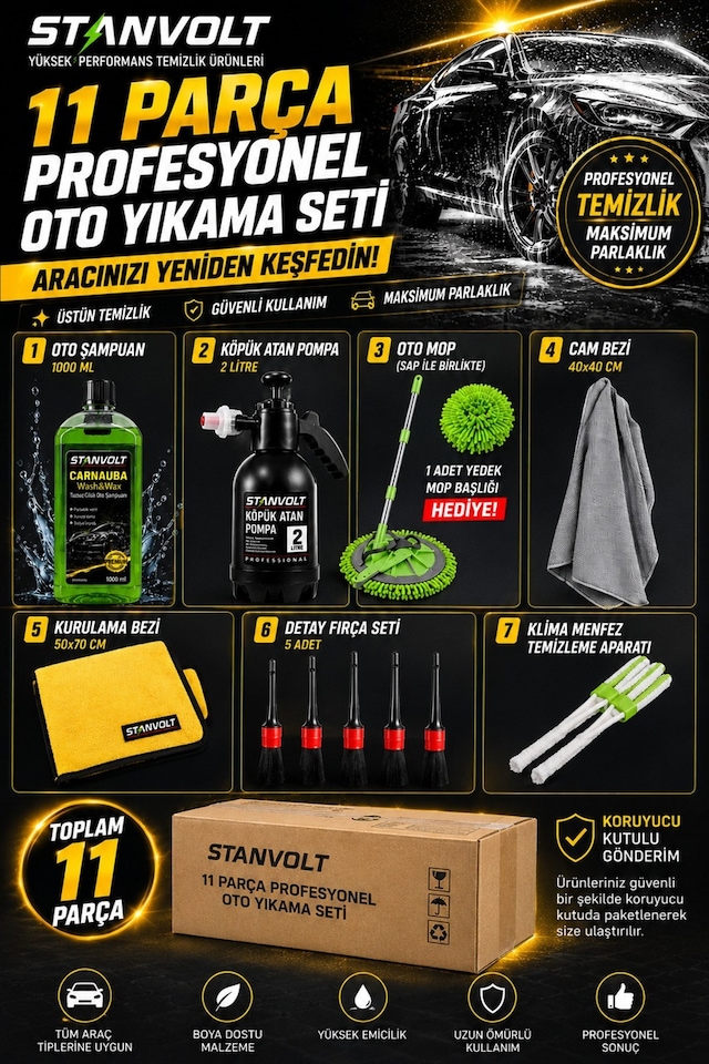 11 Parça Profesyonel Oto Yıkama Ve Araç Temizlik Seti 1000 Ml Oto Şampuan, 2 Lt Köpük Pompası, Mop
