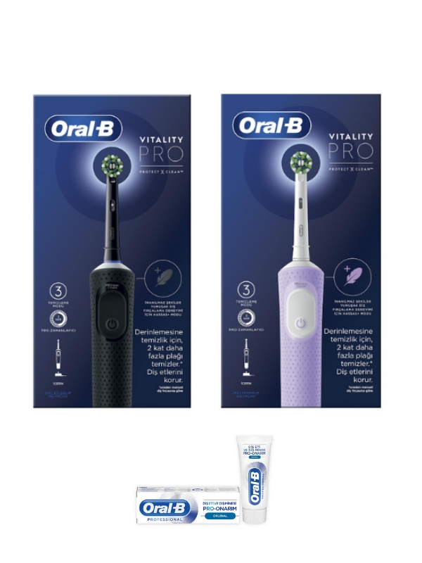 Oral-B D103 Vitality Pro Cross Action Şarjlı Diş Fırçası Lila - Siyah 2'li + Pro Onarım Diş Macunu 50 ML