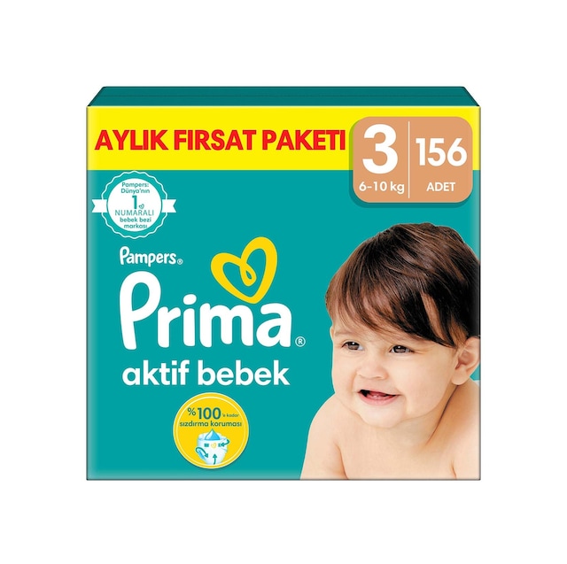 Prima Aktif Bebek 3 Beden Midi Bebek Bezi Aylık Fırsat Paketi 156 Adet