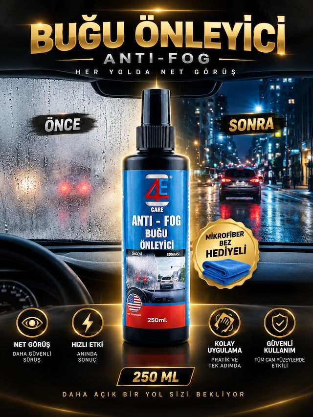 4e Care Buğu Önleyici 250 Ml + Bez Uzun Süre Etki Araç Camları, Ev Ve Ofis Camları, Banyo Aynaları Ve Kask