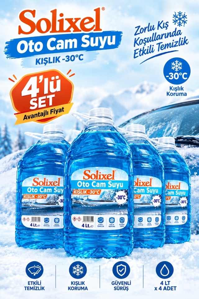 Solixel Kışlık Oto Cam Suyu -30 C 4 Lt X 4 Adet 4'lü Set
